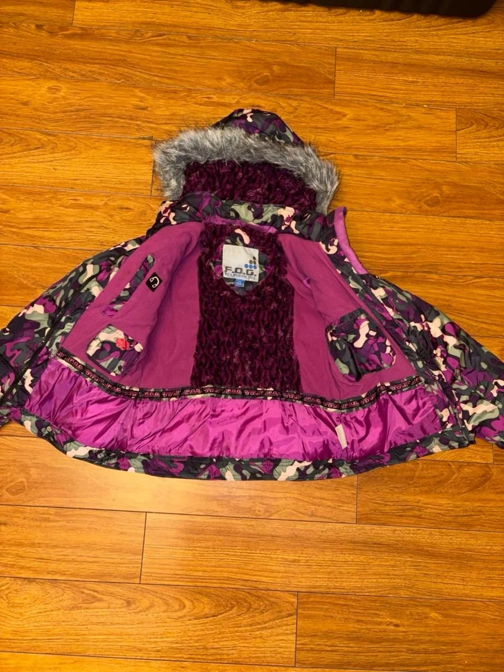 Y2K Purple and green camo coat with faux fur hood